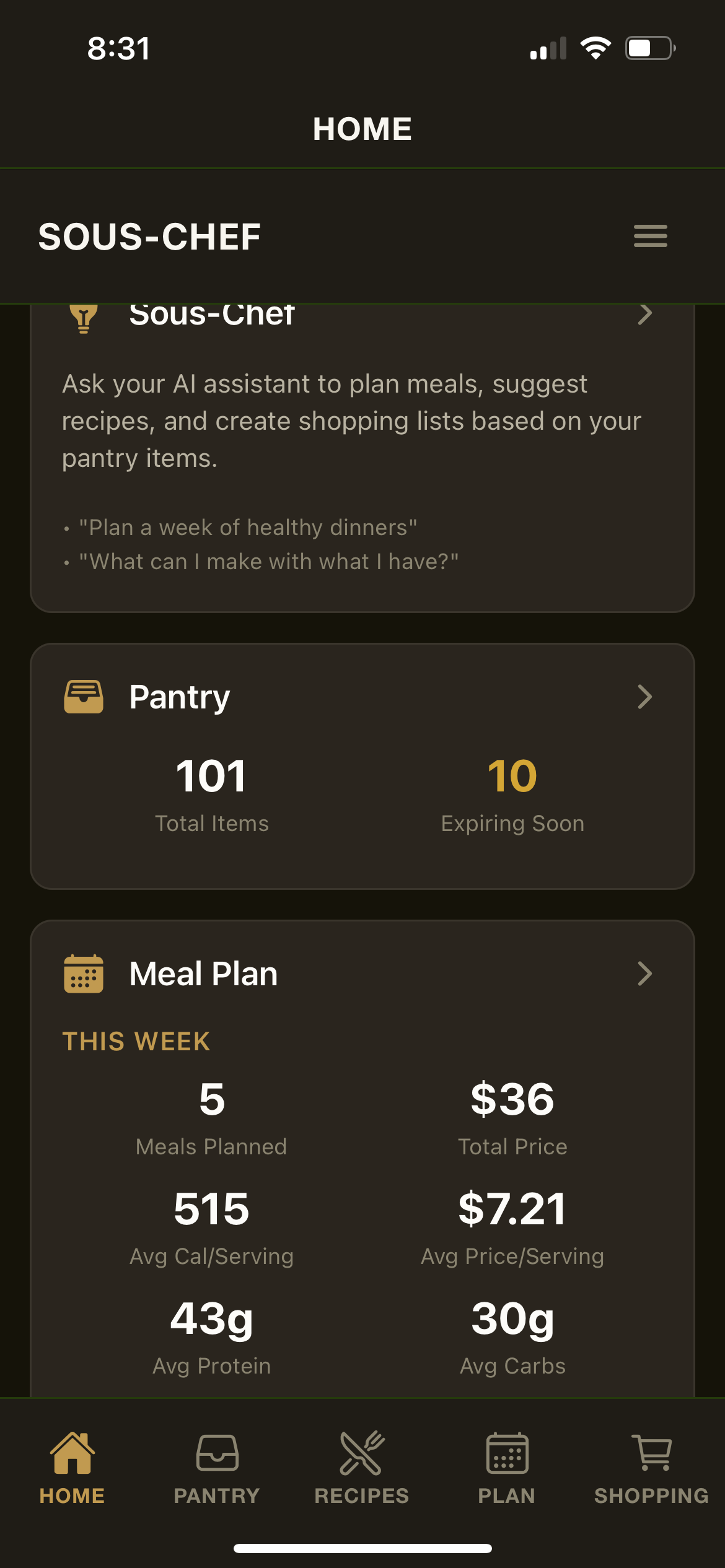 Sous-Chef Home Dashboard